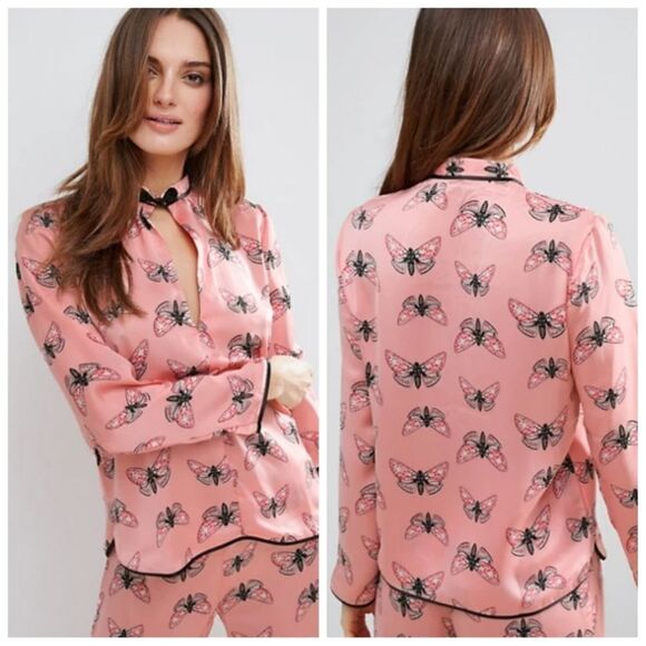 ASOS pink butterfly print‎ satin collared pajama top 6 - Picture 11 of 11